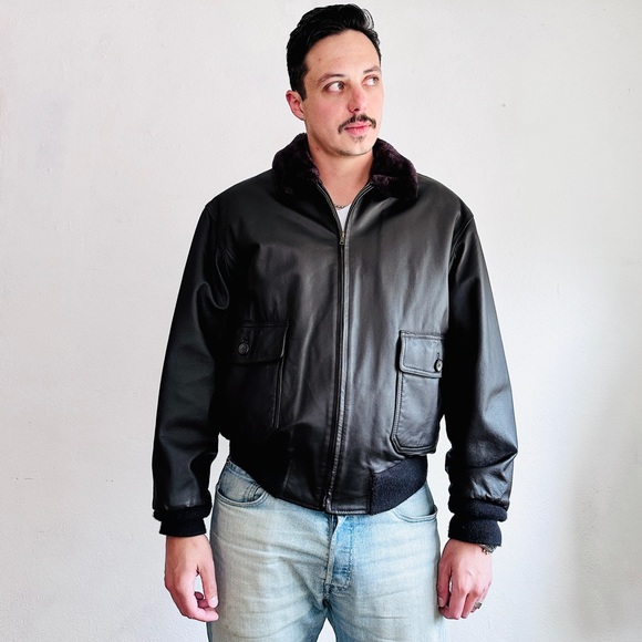 Vintage Leather Flight Jacket Brown Faux Fur Military Air Force Navy Army Bomber - Picture 15 of 15